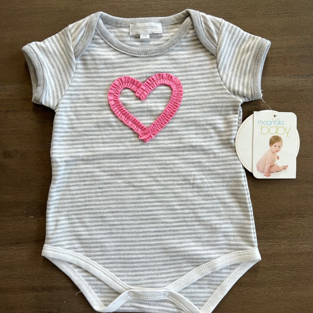 New Magnolia Baby Grey Stripe Onesie with Pink Ruffle Heart 3M 6M